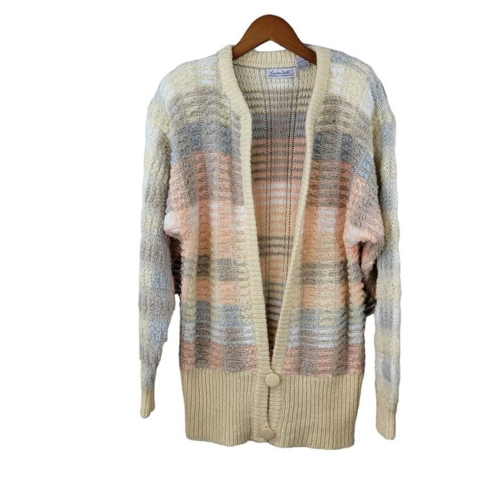 Vintage Boucle Long Cardigan Sweater Jacket Oversize size Small Pink blue preppy